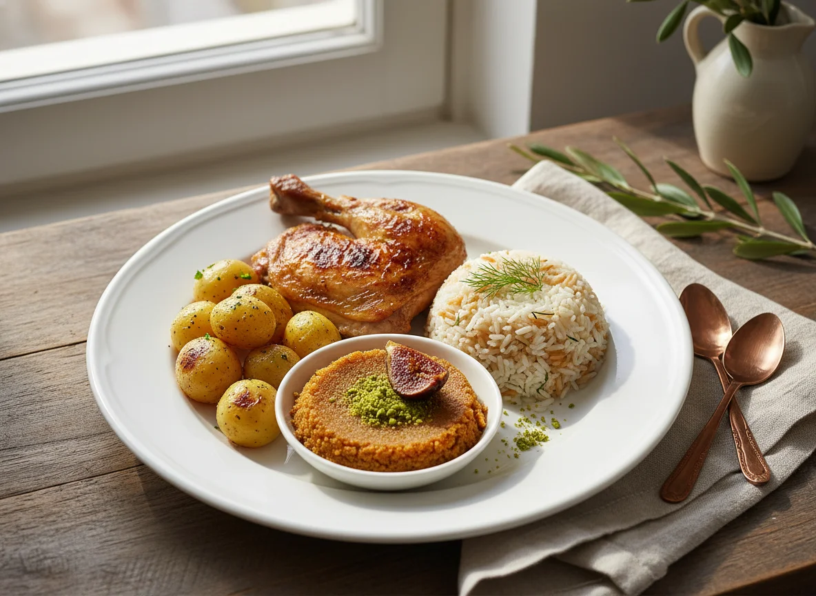 Turkish Meal with Chicken, Potato, Rice Pilaf and Dessert photo