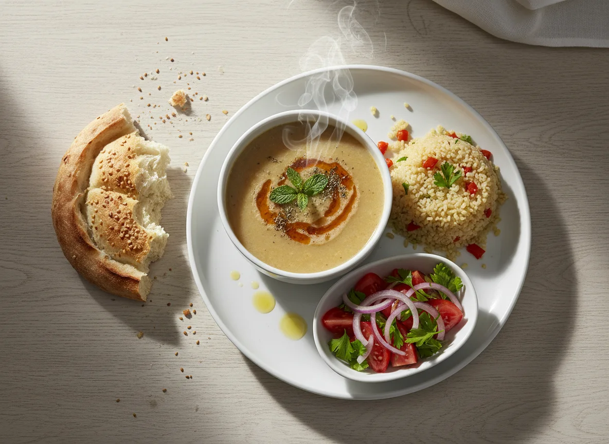 Turkish Meal with Soup, Pilaf, Bread and Salad photo