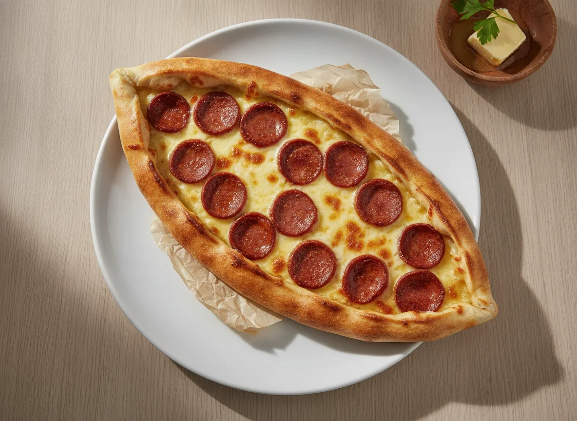 Turkish Pide with Sucuk and Cheese photo