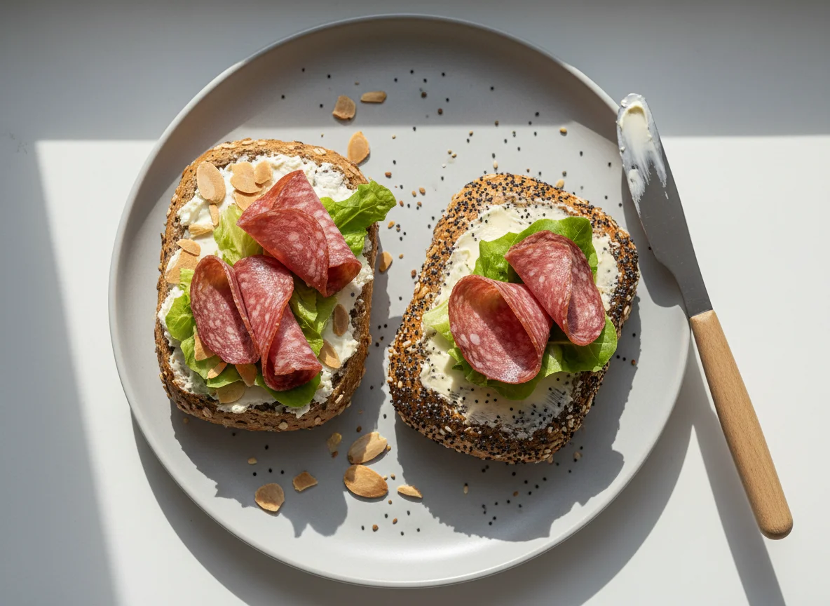 Two bread rolls with various toppings photo