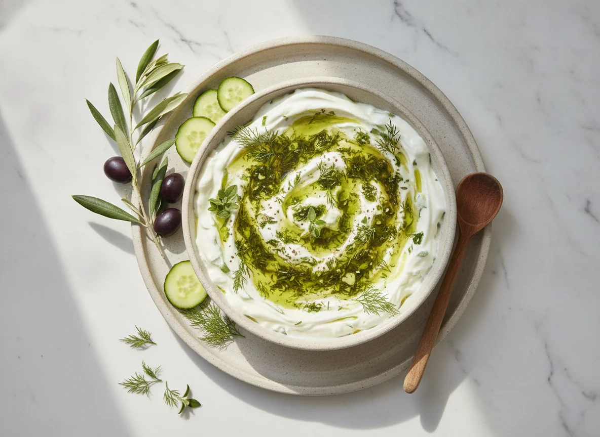 Tzatziki with herb oil photo