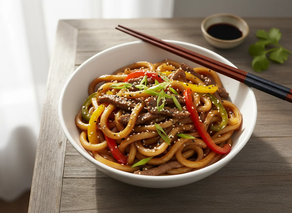 Udon Noodles with Beef and Vegetable Stir-fry photo