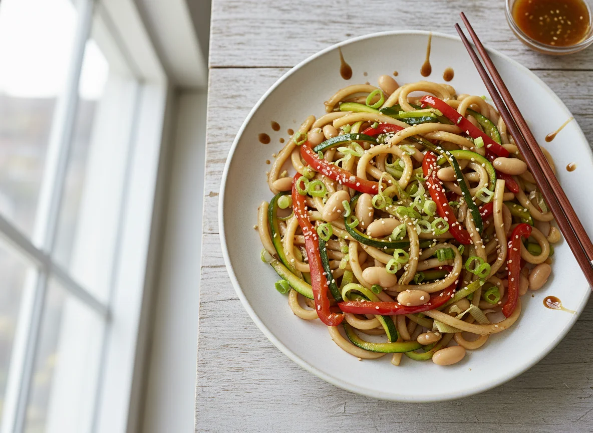 Udon Noodles with Vegetables and Beans photo