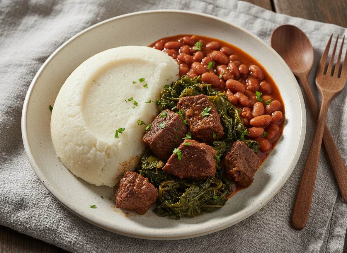 Ugali with Beef and Greens and Stewed Beans photo