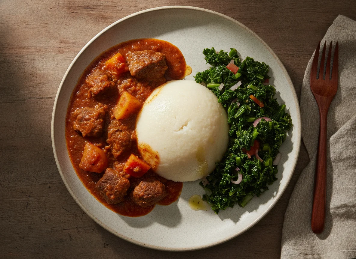 Ugali with Beef Stew and Sukuma Wiki photo