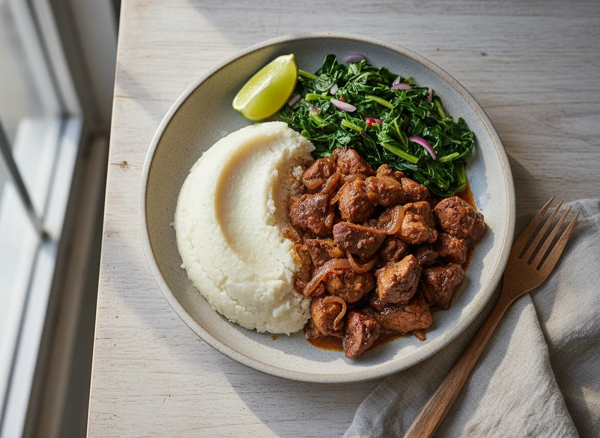 Ugali with Stewed Liver and Greens photo