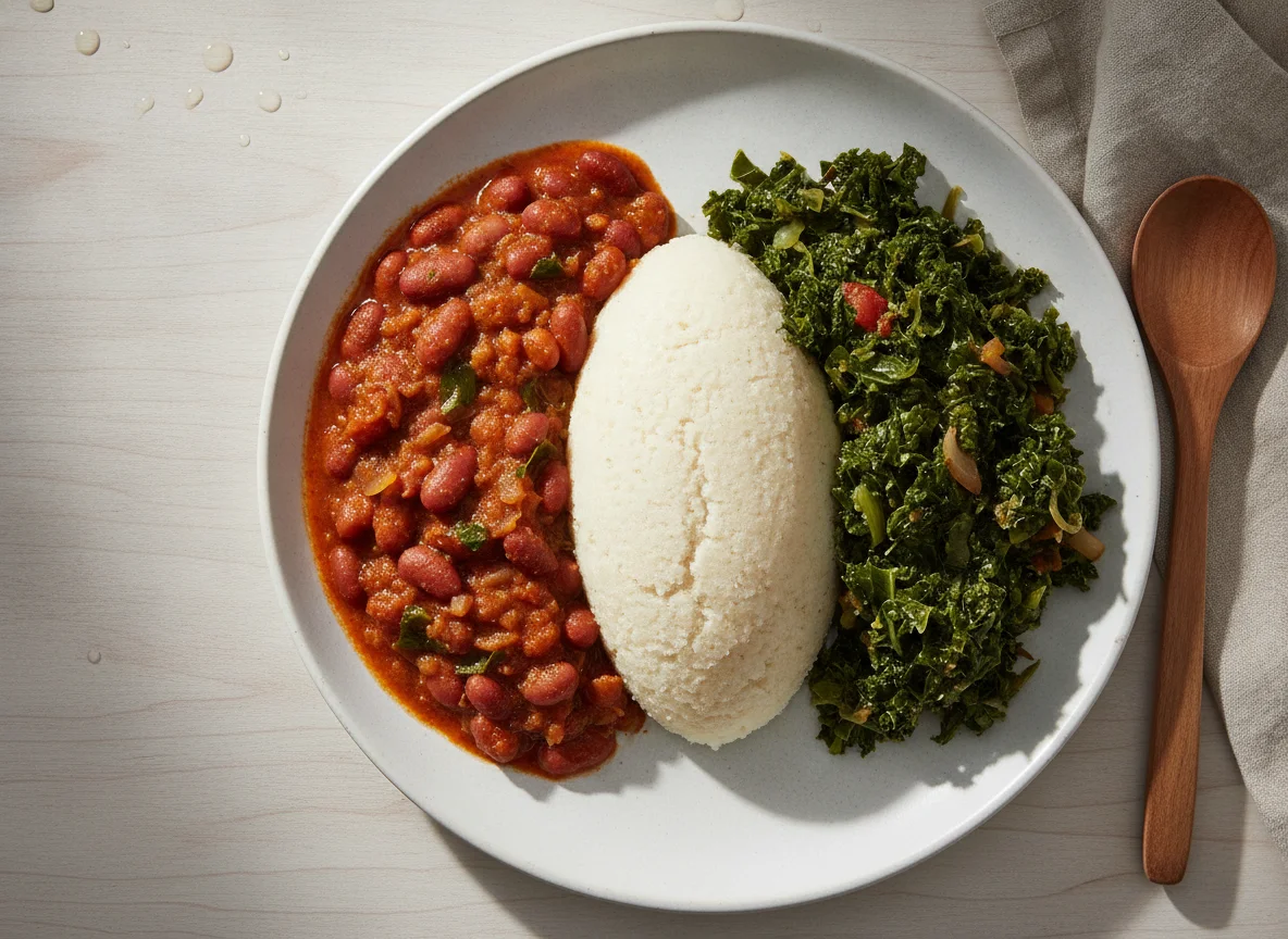 Ugali with Sukuma Wiki and Beans photo