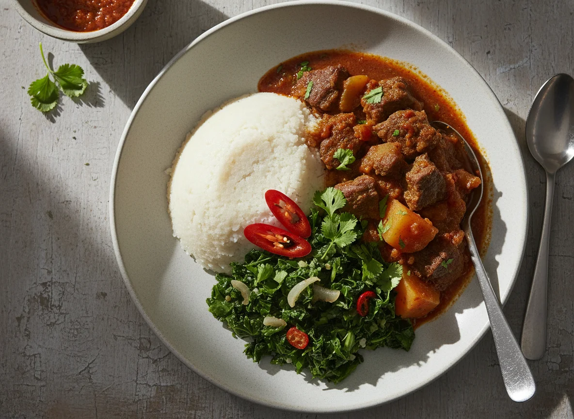 Ugali with Sukuma Wiki and Beef Stew photo
