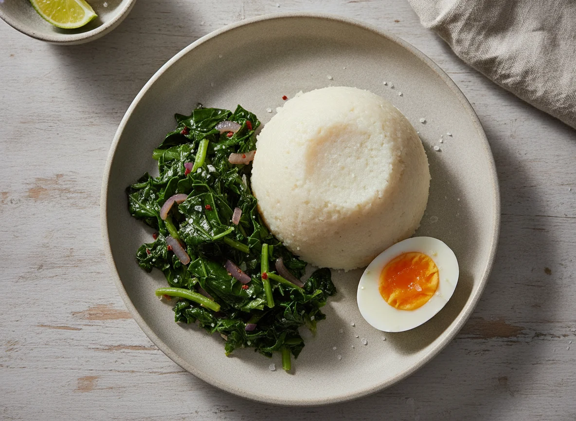 Ugali with Sukuma Wiki and Boiled Egg photo