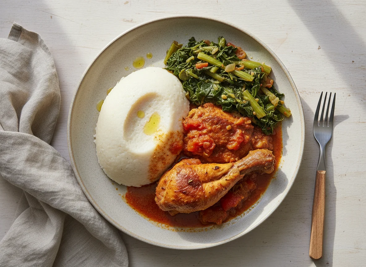 Ugali with Sukuma Wiki and Chicken Stew photo