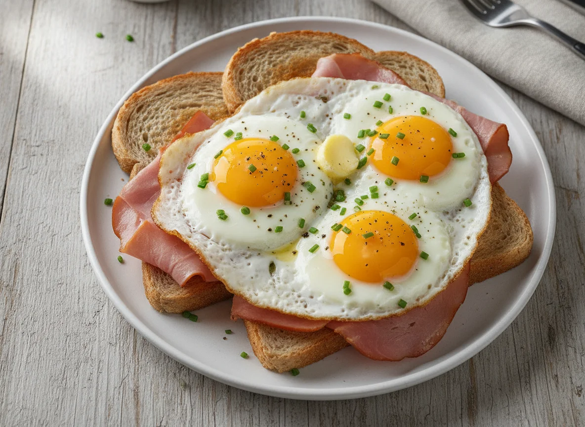 Uitsmijter (Dutch Fried Eggs with Ham and Bread) photo