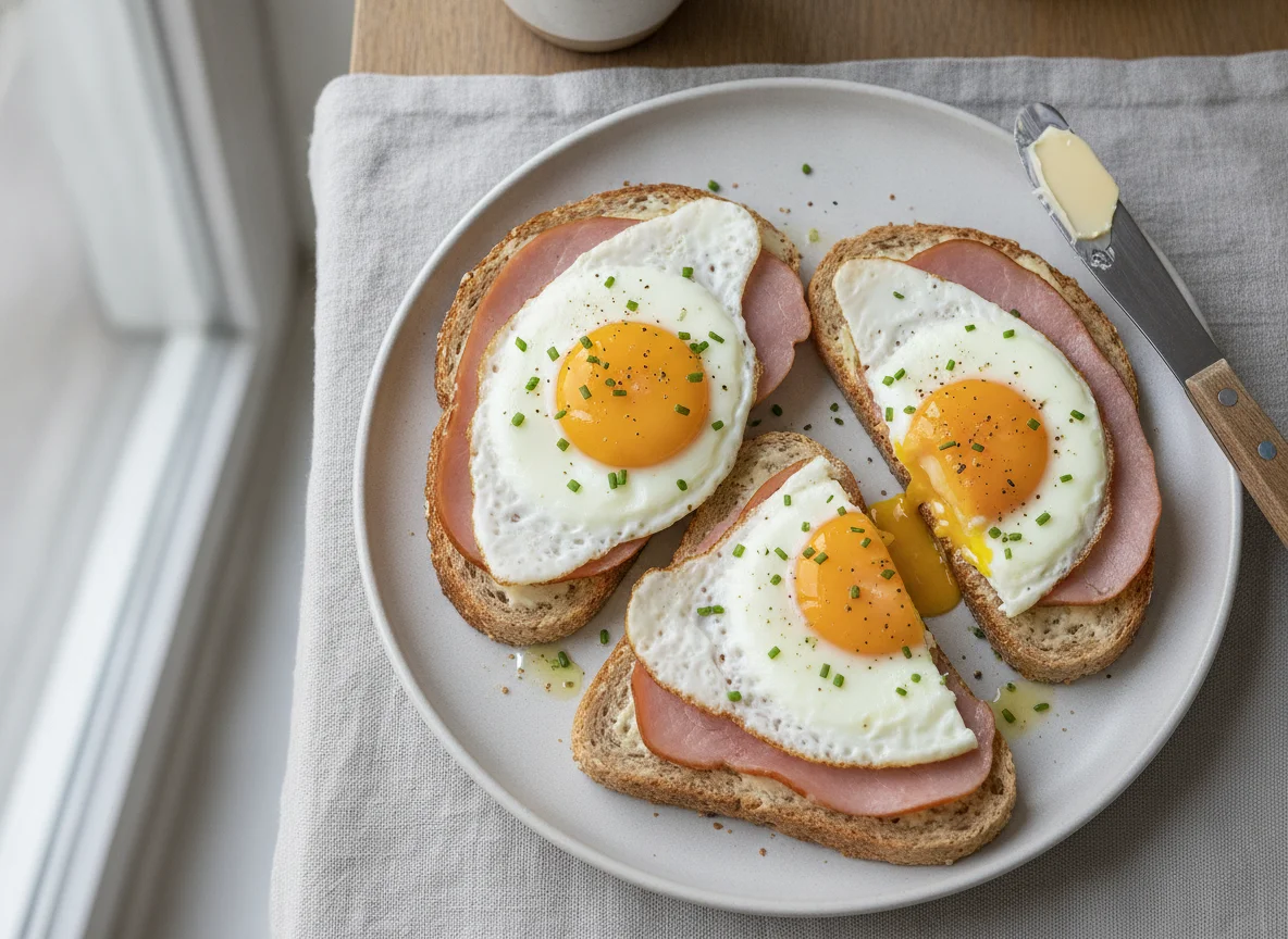Uitsmijter (Dutch Fried Eggs with Ham on Bread) photo