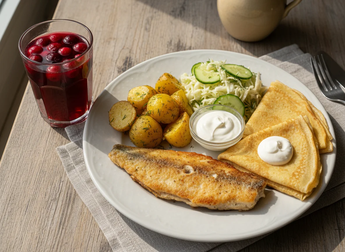 Ukrainian cafeteria meal with fish, potatoes, pancakes, salad, and compote photo