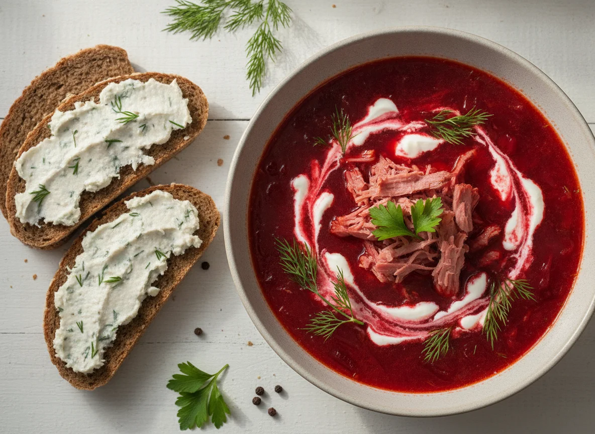 Ukrainian Red Borscht with Corned Beef and Rye Bread photo