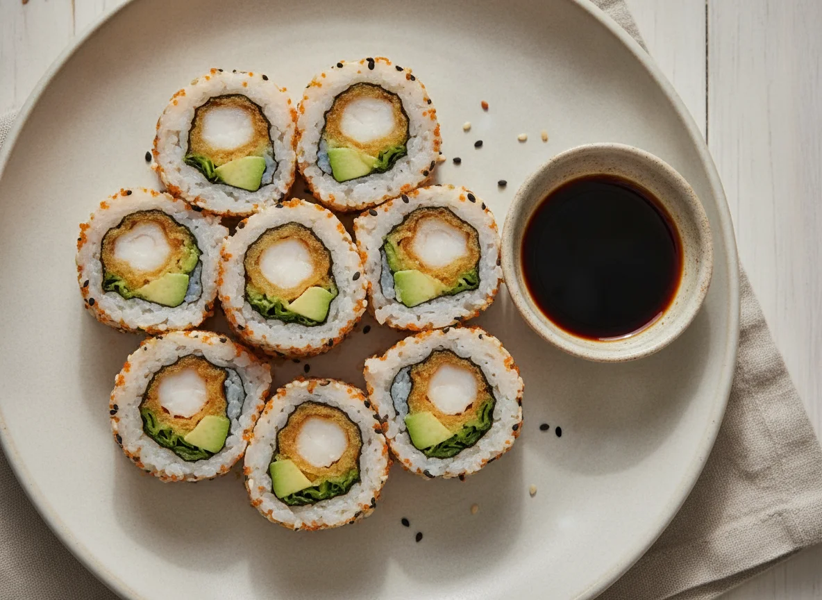 Uramaki Sushi Roll with Shrimp and Avocado photo