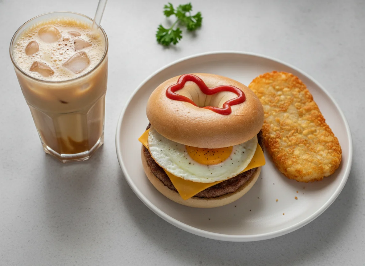 Vanilla Iced Latte, Sausage & Egg Bagel, and Hashbrown photo