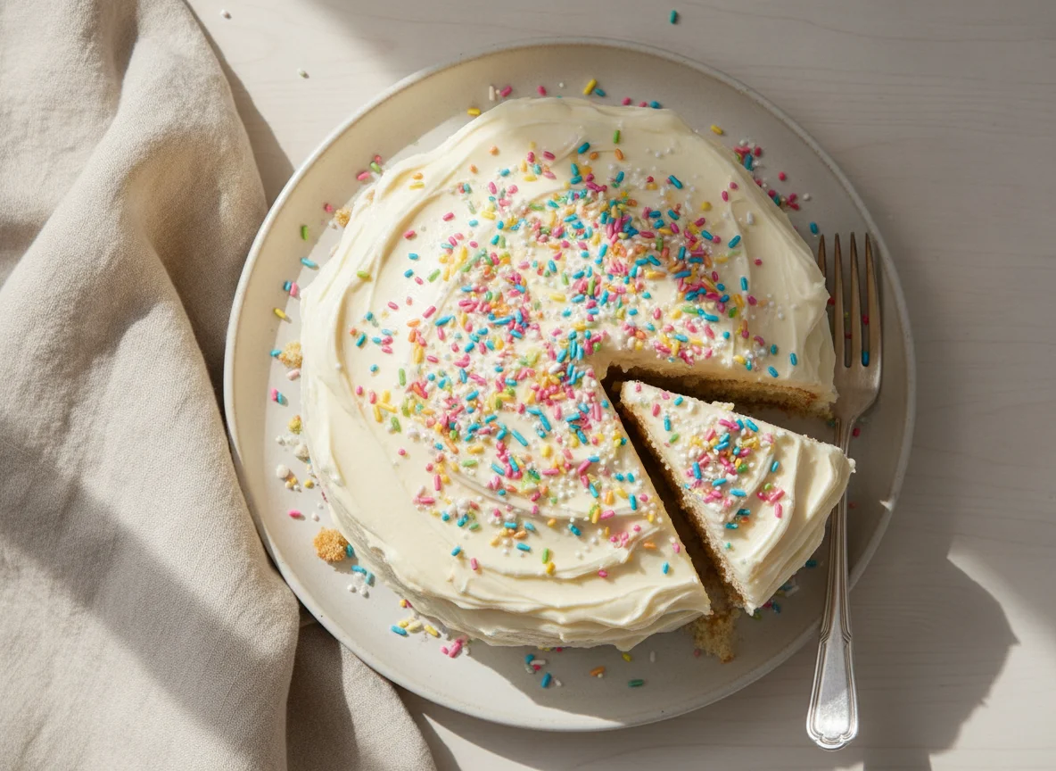 Vanilla sponge cake with buttercream frosting and sprinkles photo