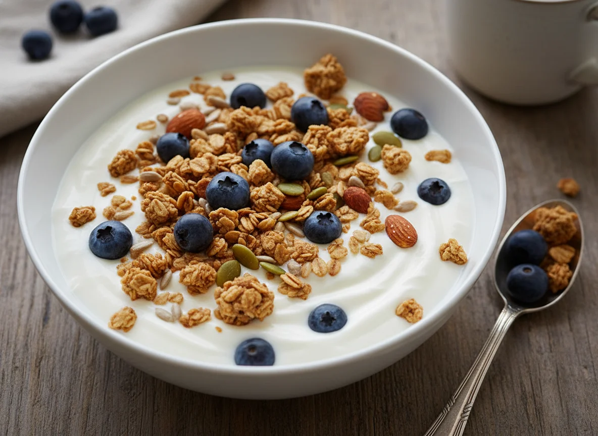 Vanilla Yogurt with Blueberries and Granola photo