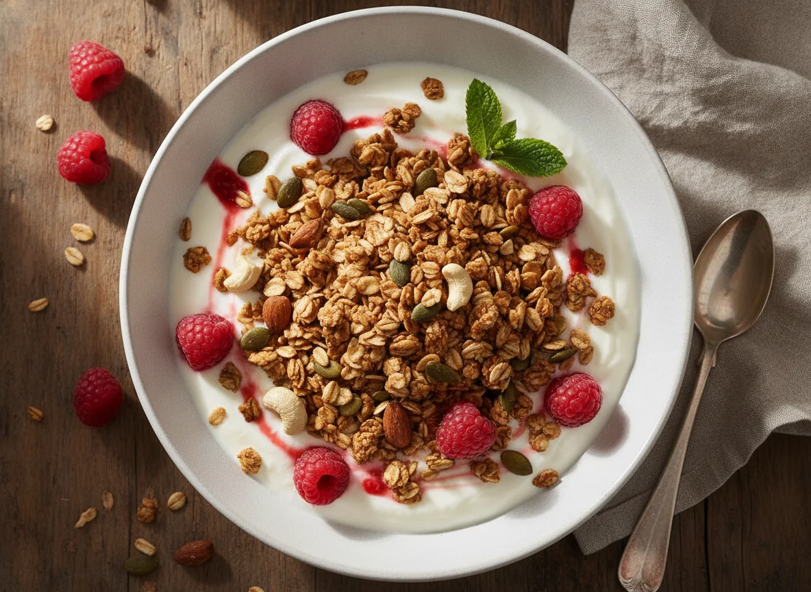Vanilla yogurt with granola and raspberries photo