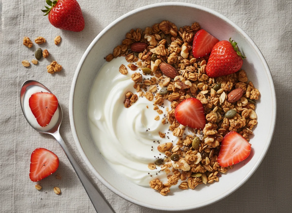 Vanilla Yogurt with Granola and Strawberries photo