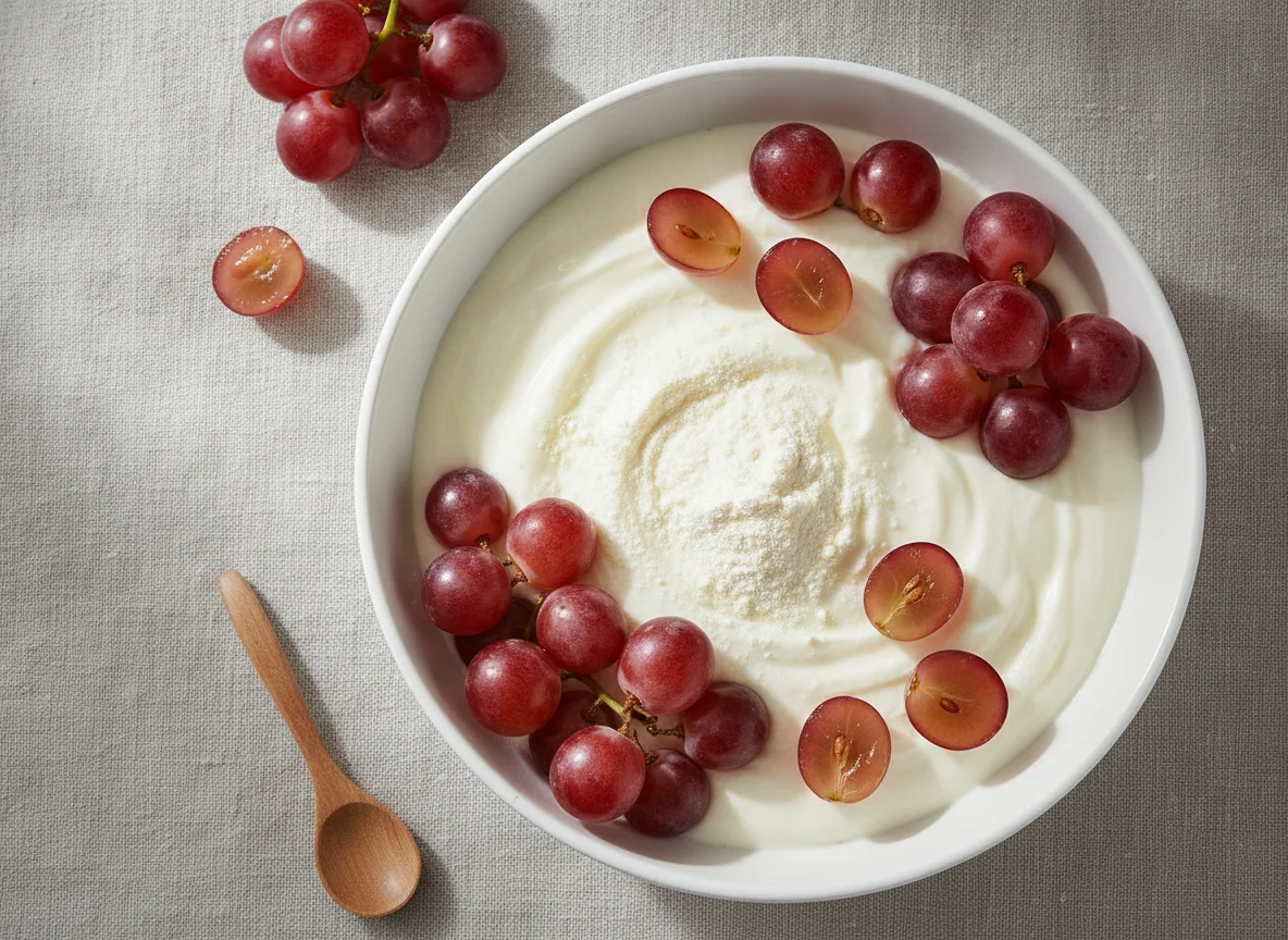 Vanilla yogurt with protein powder and red grapes photo