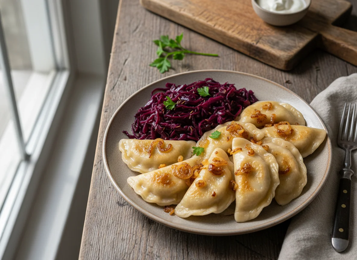 Varenyky with fried onions and stewed red cabbage photo