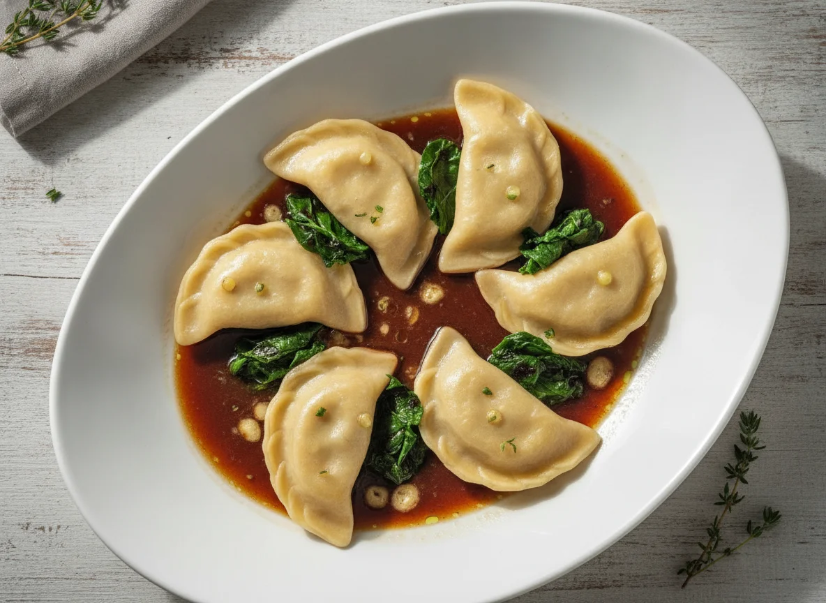 Varenyky with veal cheek, demi-glace sauce and spinach photo