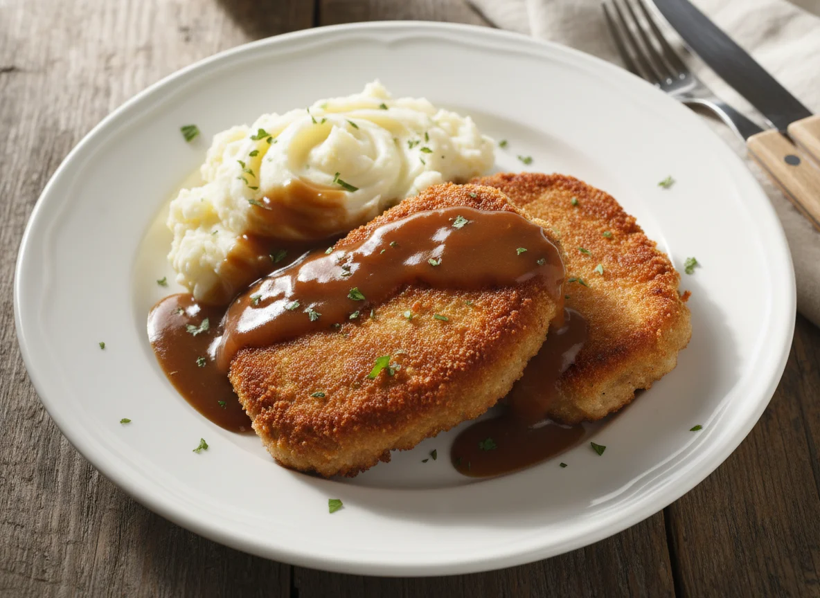 Veal Cutlets with Mashed Potatoes and Gravy photo