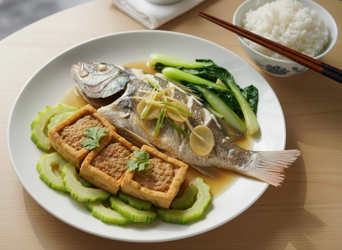 Veg with stuffed tofu and steamed fish photo