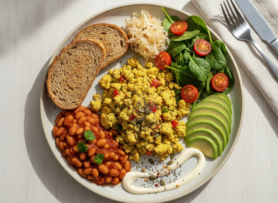 Vegan Breakfast Plate with Tofu Scramble and Beans photo