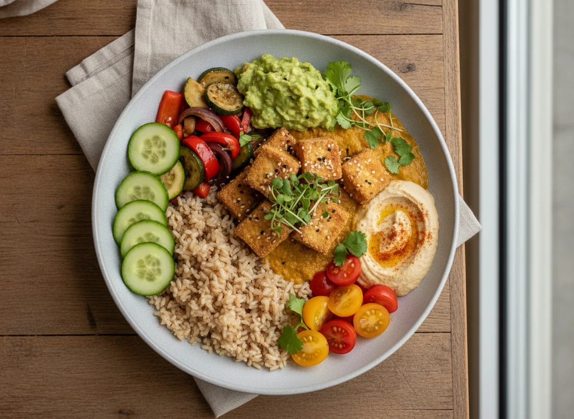 Vegan Buddha Bowl with Tofu and Guacamole photo