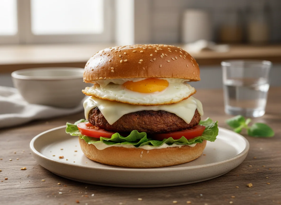Vegan Burger Stack with Fried Egg and Mozzarella photo
