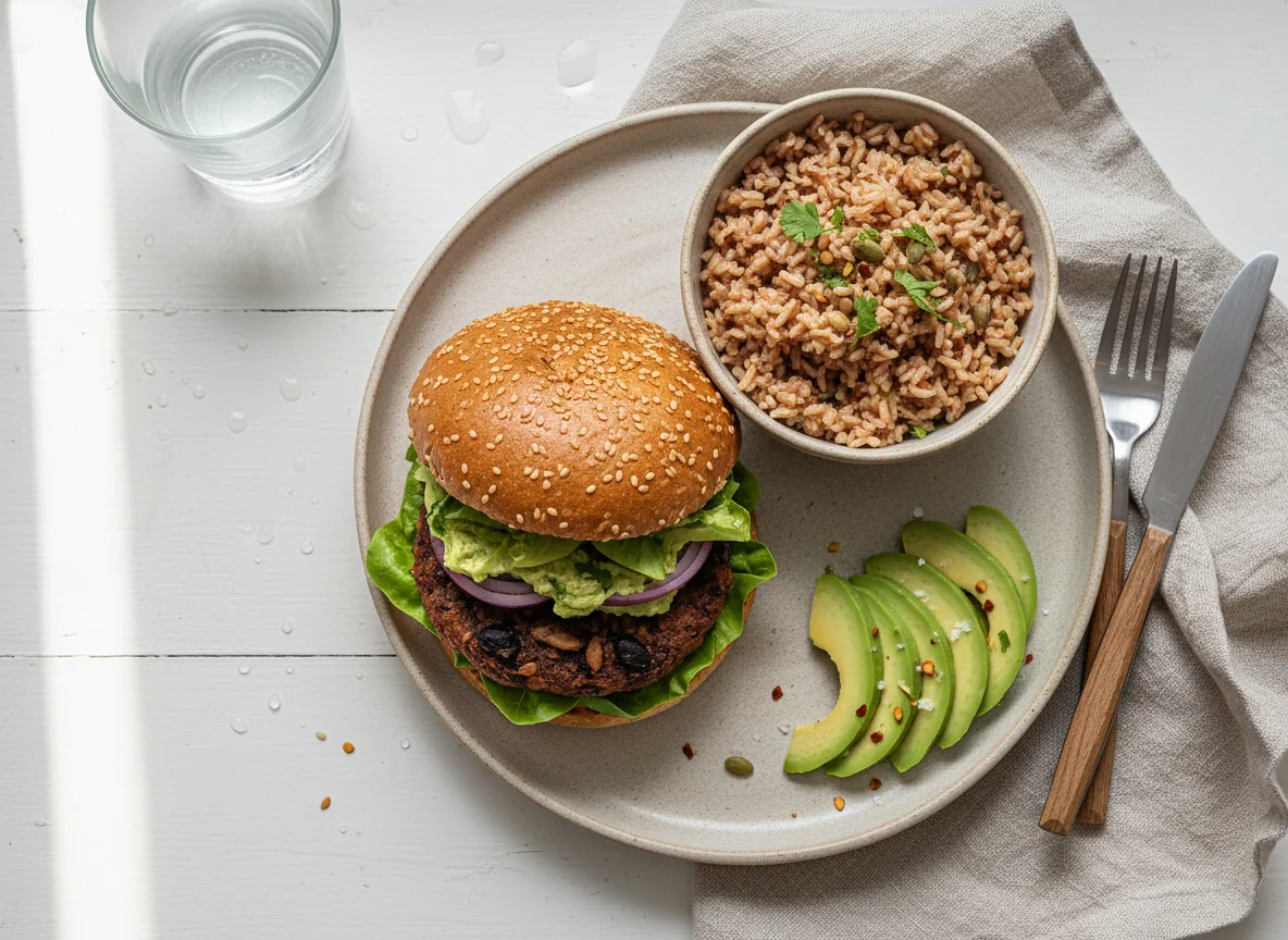 Vegan Burger with Rice and Avocado photo