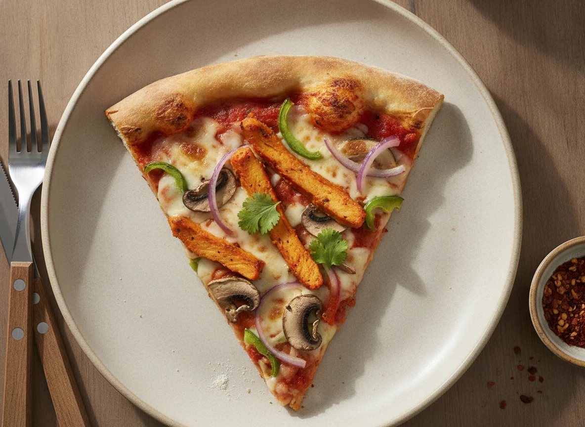 Vegetable and Chicken Pizza Slice photo
