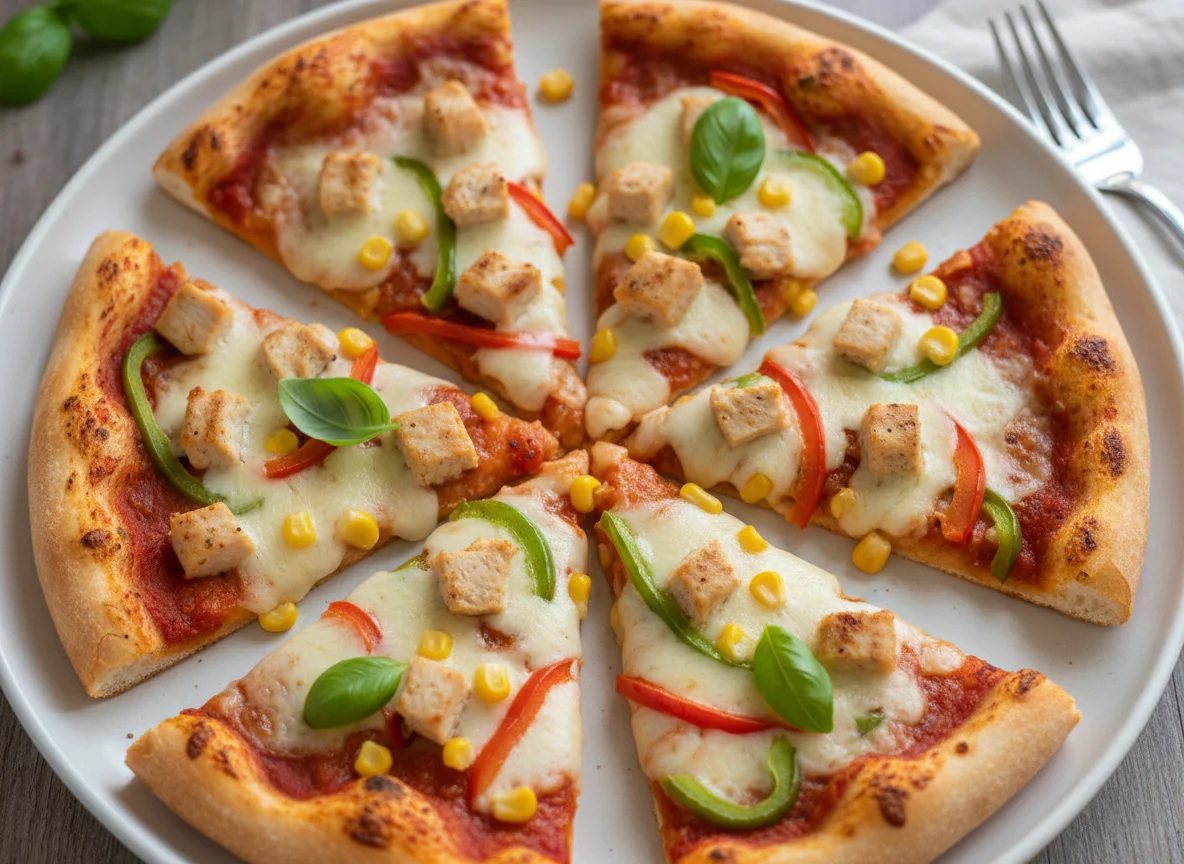 Vegetable and Chicken Pizza Slices photo