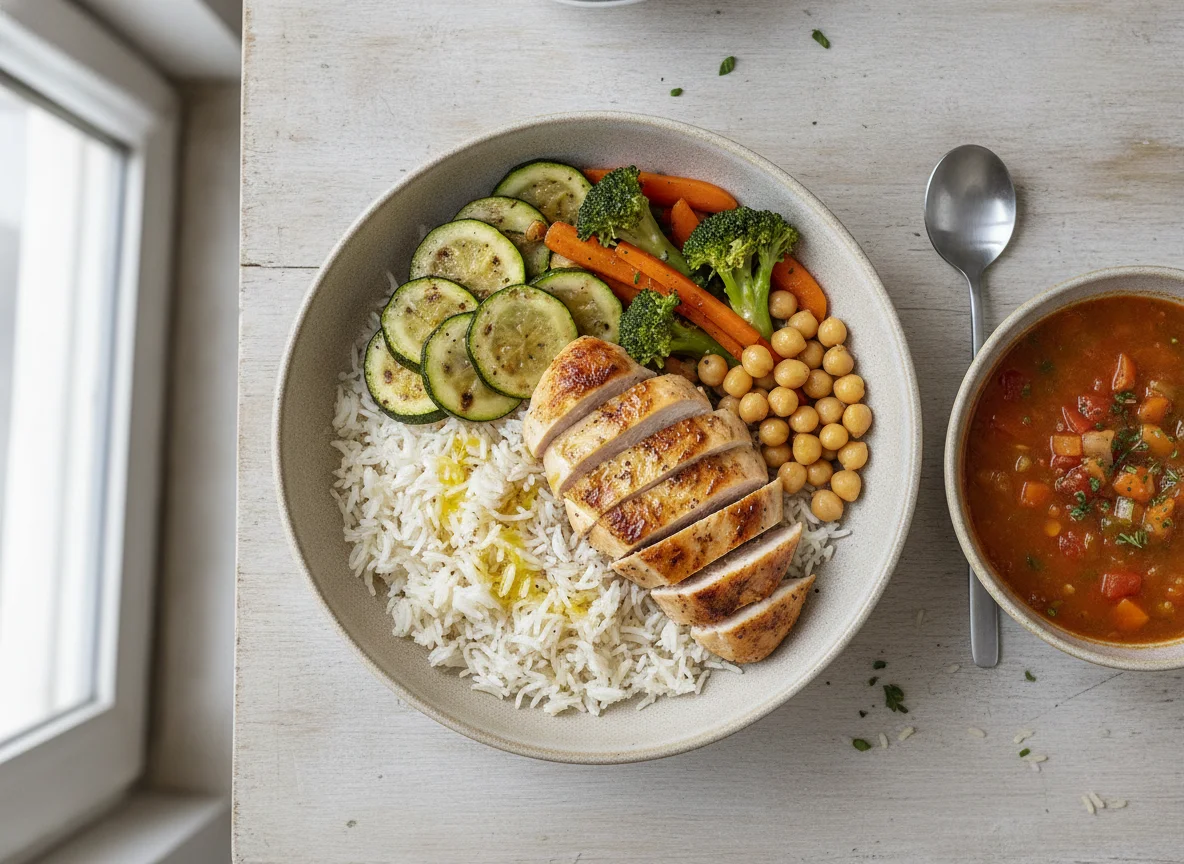 Vegetable and Chicken Rice Bowl with Soup photo