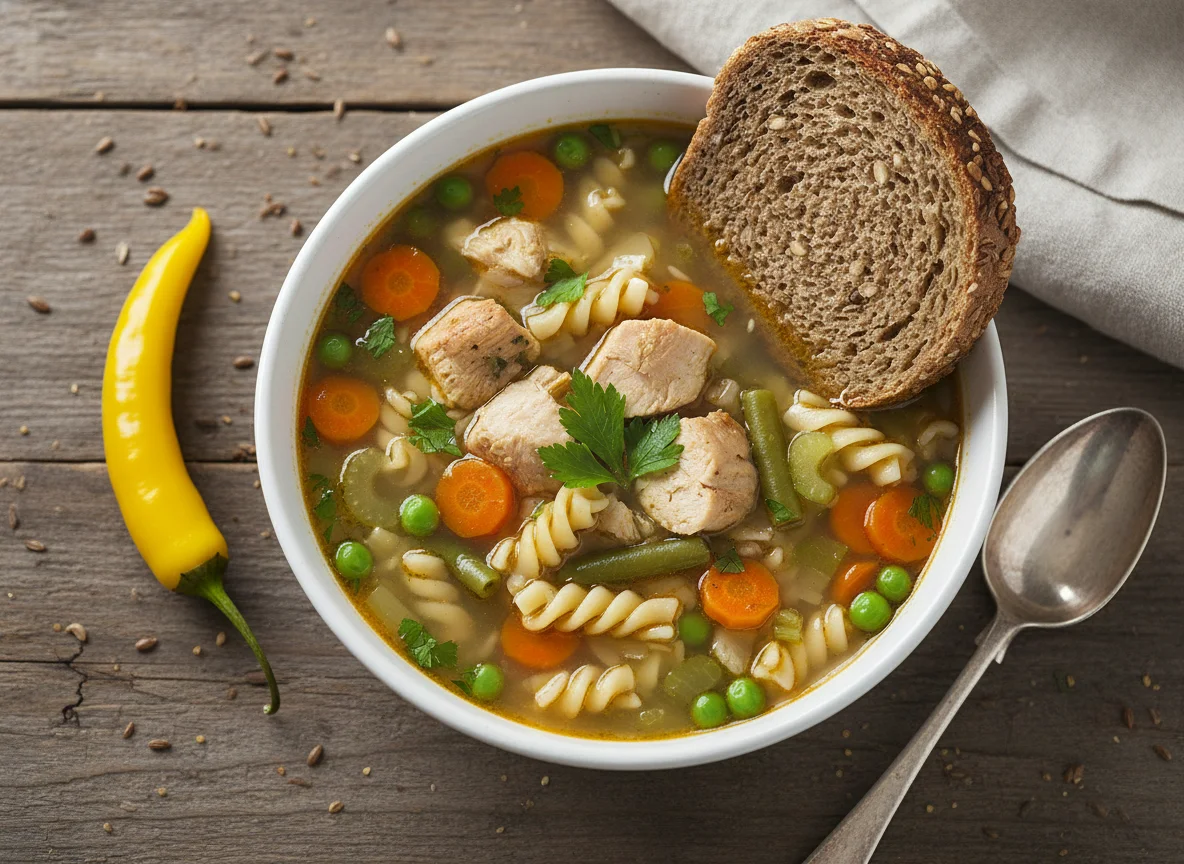 Vegetable and Chicken Soup with Bread photo