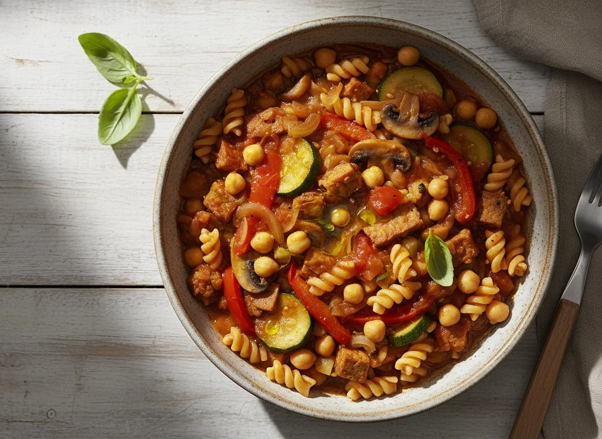 Vegetable and Chickpea Stew with Pasta and Tempeh photo