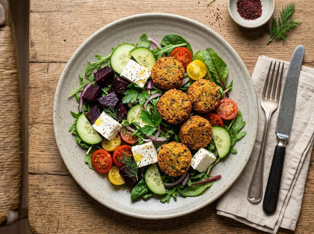Vegetable and Feta Salad with Falafel photo