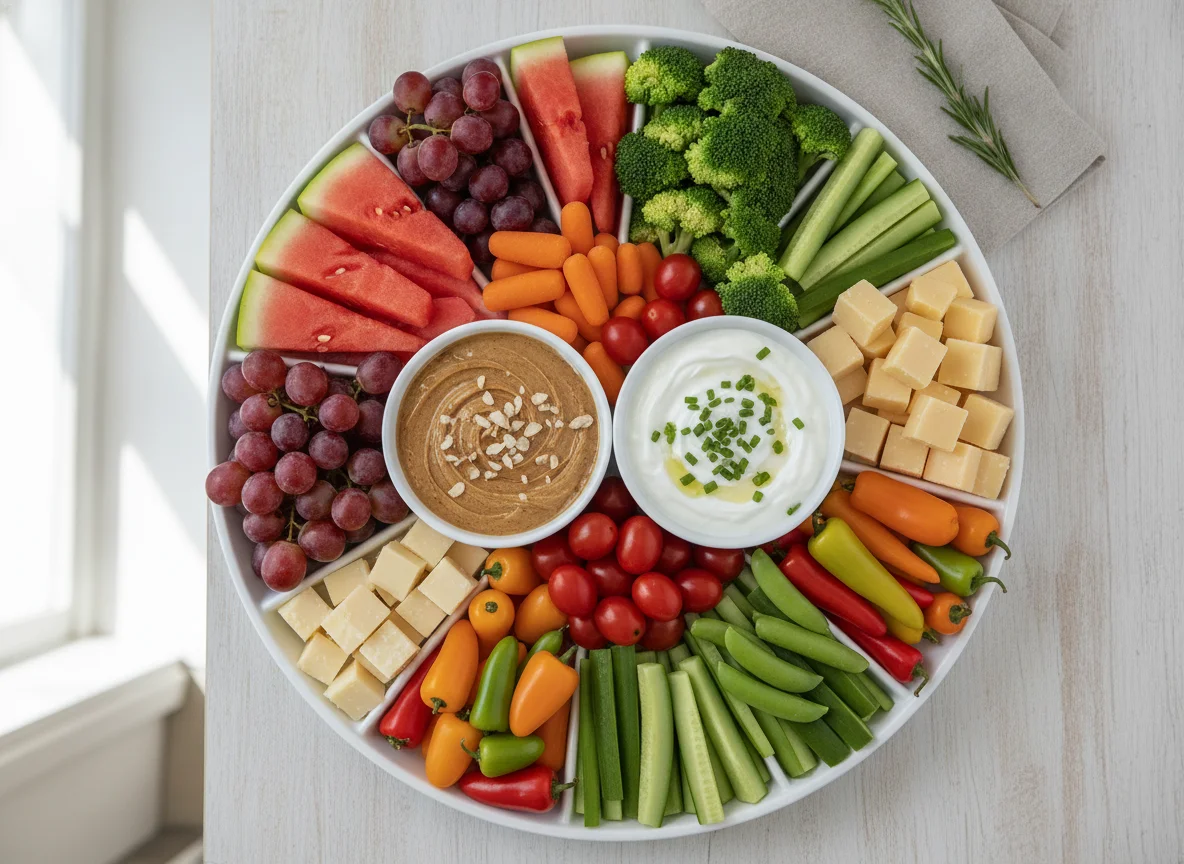 Vegetable and Fruit Snack Platter with Almond Butter and Dip photo