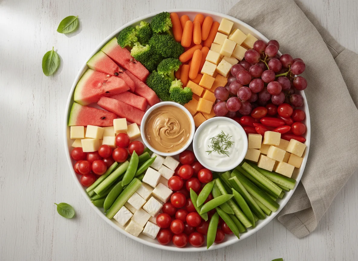 Vegetable and Fruit Snack Platter with Dips and Cheese photo