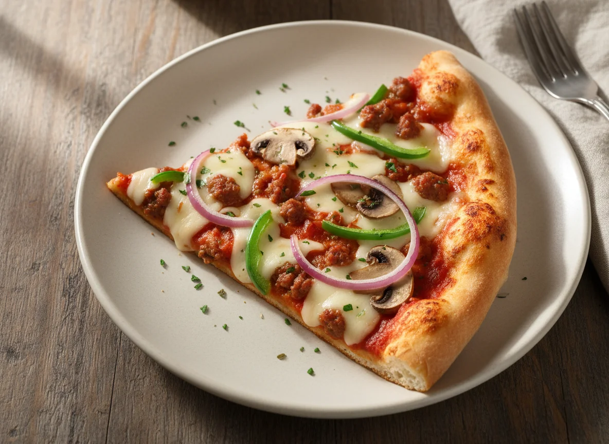 Vegetable and Meat Pizza Slice photo