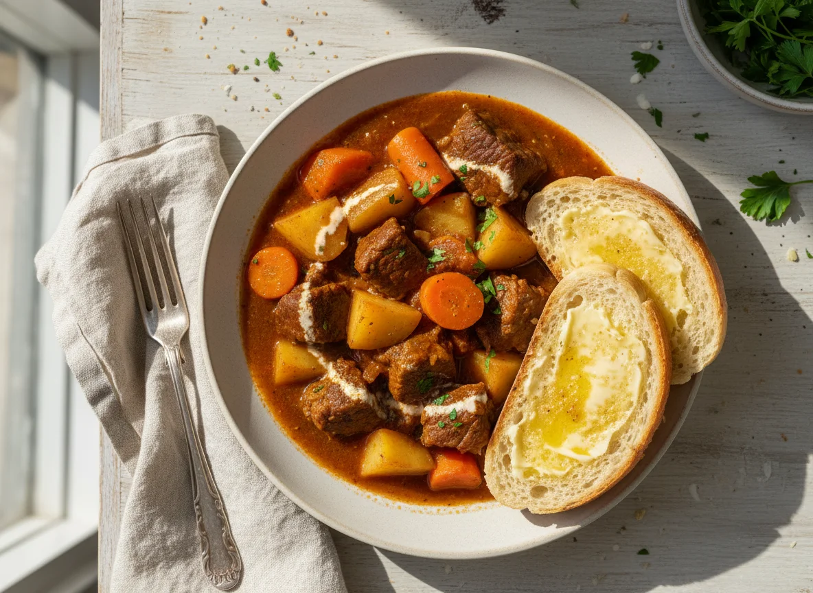 Vegetable and Meat Stew with Buttered Toast photo
