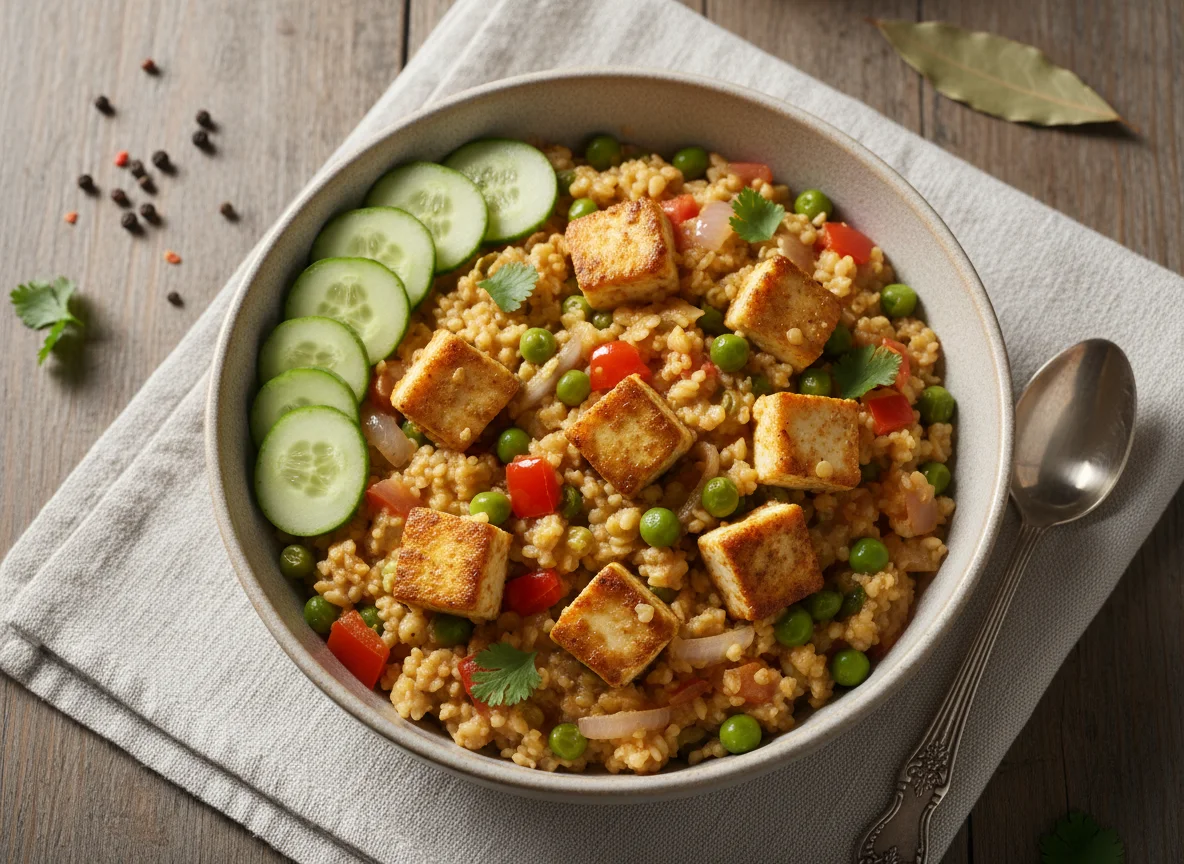 Vegetable and Paneer Dalia/Oats Porridge with Cucumber photo