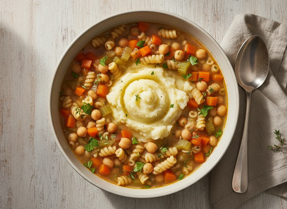 Vegetable and Pasta Soup with Mashed Potato photo