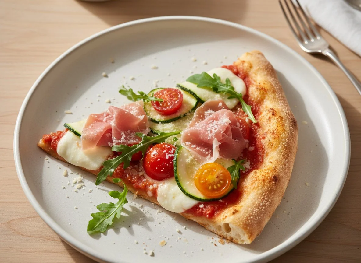 Vegetable and Prosciutto Pizza Slice photo