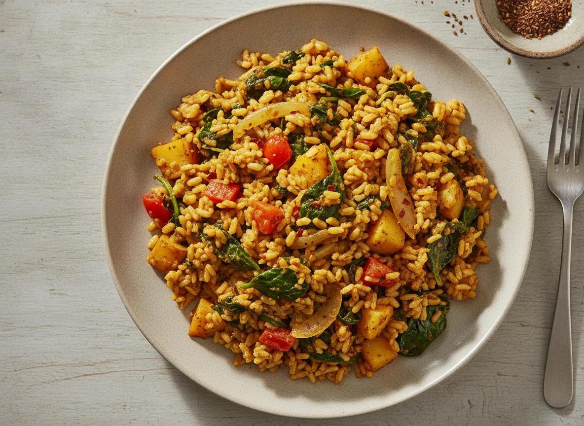 Vegetable and Rice Stir-fry with Spinach photo