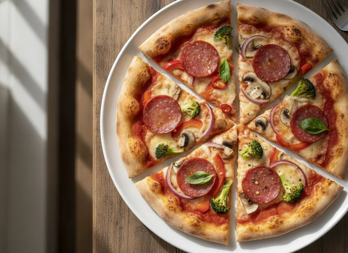 Vegetable and Salami Pizza Slices photo