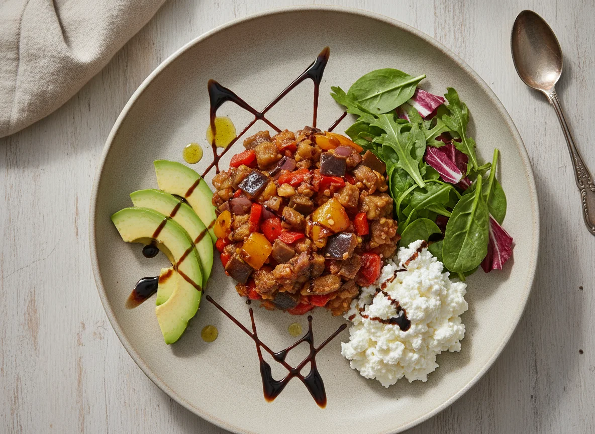 Vegetable Caponata with Avocado, Mixed Greens and Cottage Cheese photo