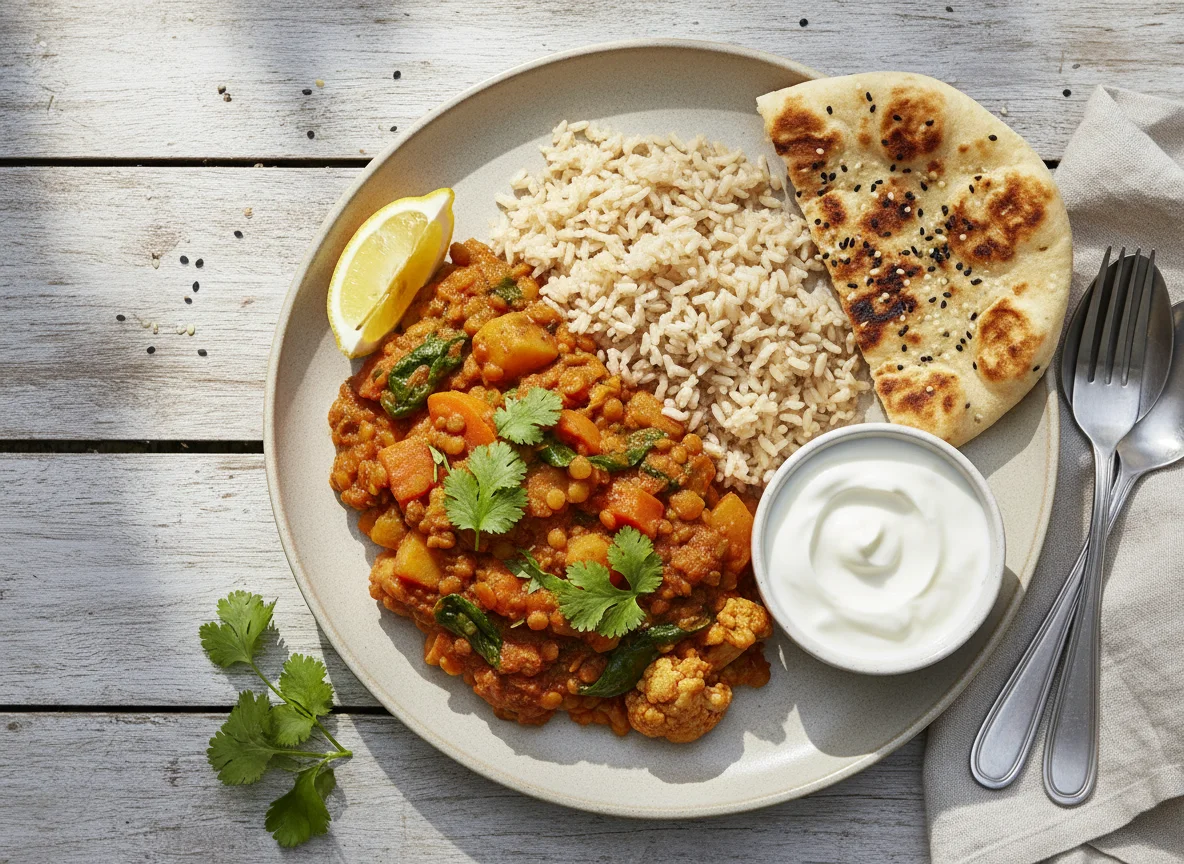 Vegetable Curry with Brown Rice and Flatbread photo